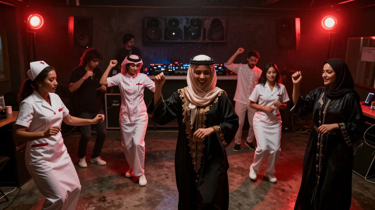 Authentic dance floor in a warehouse where people of all backgrounds move together in rhythm.