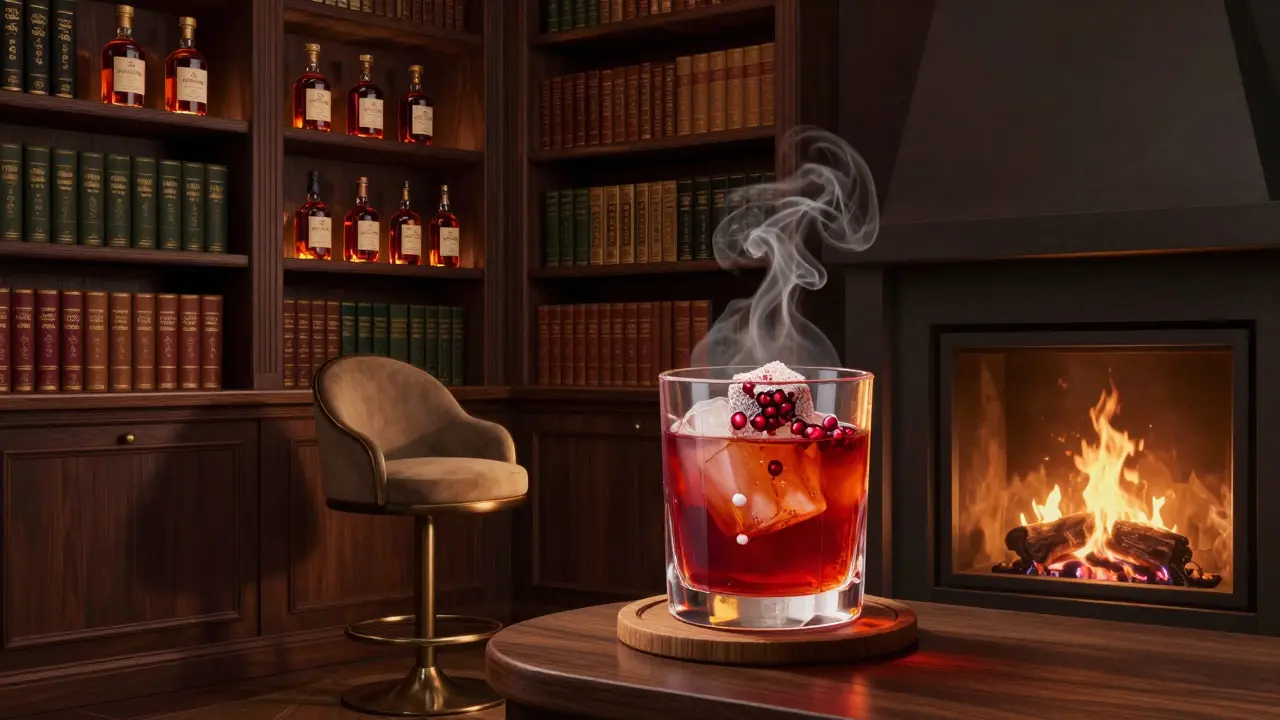 Cozy library bar with bookshelves, fireplace glow, and a signature Negroni on a wooden coaster.
