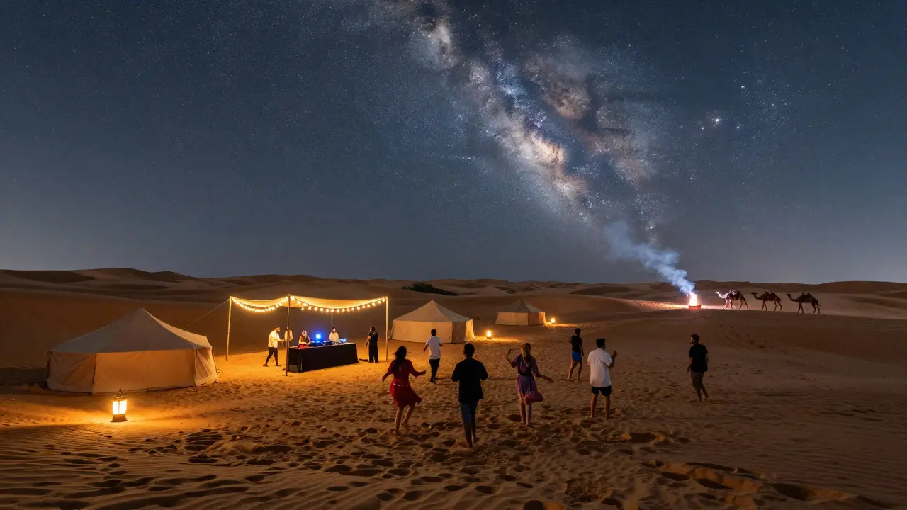 Desert Nights festival under the Milky Way with dancers, lanterns, and a DJ under a starry desert sky.