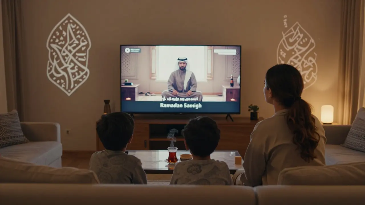 Family watching Ramadan storytelling on screen at home, with projected Arabic patterns and tea on table.