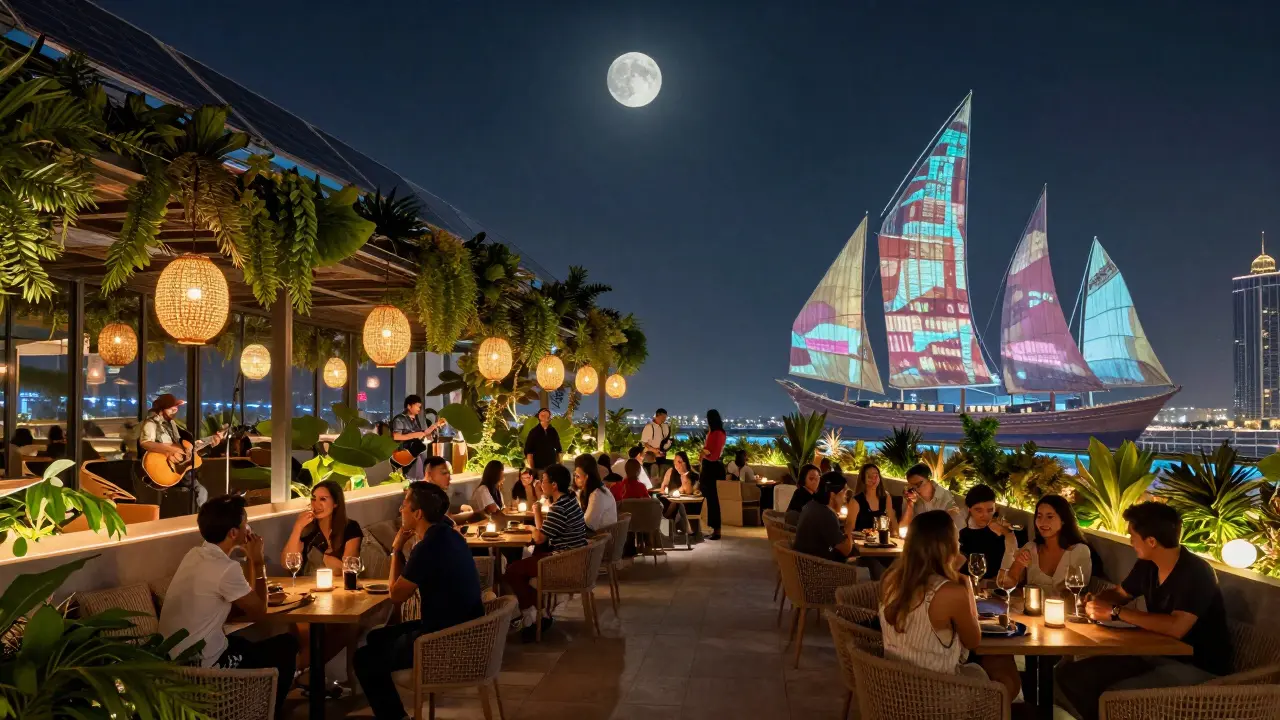 Future Dubai rooftop venue with solar lights, live jazz, and digital projections of heritage dhow sails under starlight.