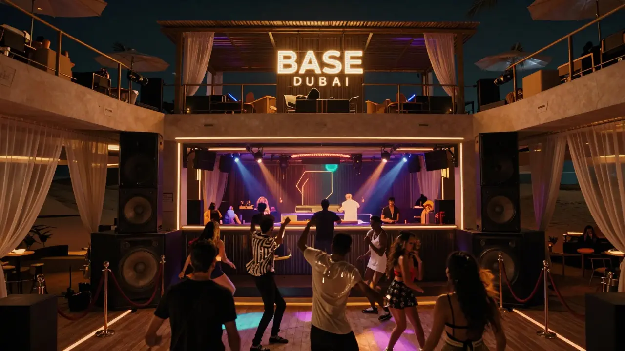 Interior of BASE Dubai showing three levels with pulsing lights and dancers in smoky atmosphere.