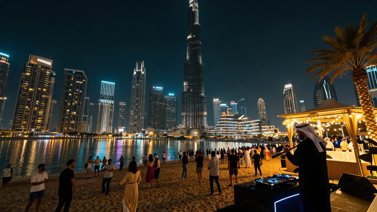 Modern Dubai Marina nightlife blending beach club energy with a traditional oud player beside a DJ booth.