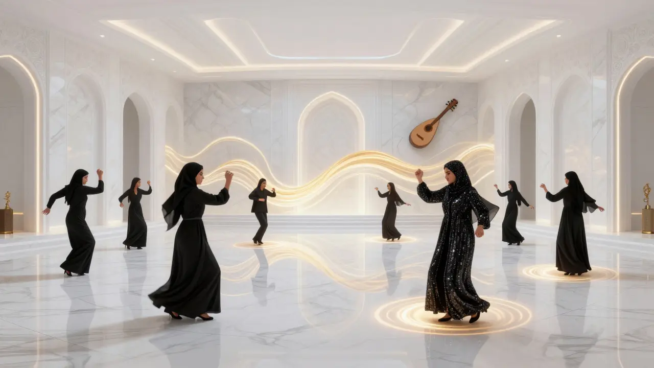 People dancing in a glowing white club where traditional and modern styles blend seamlessly.