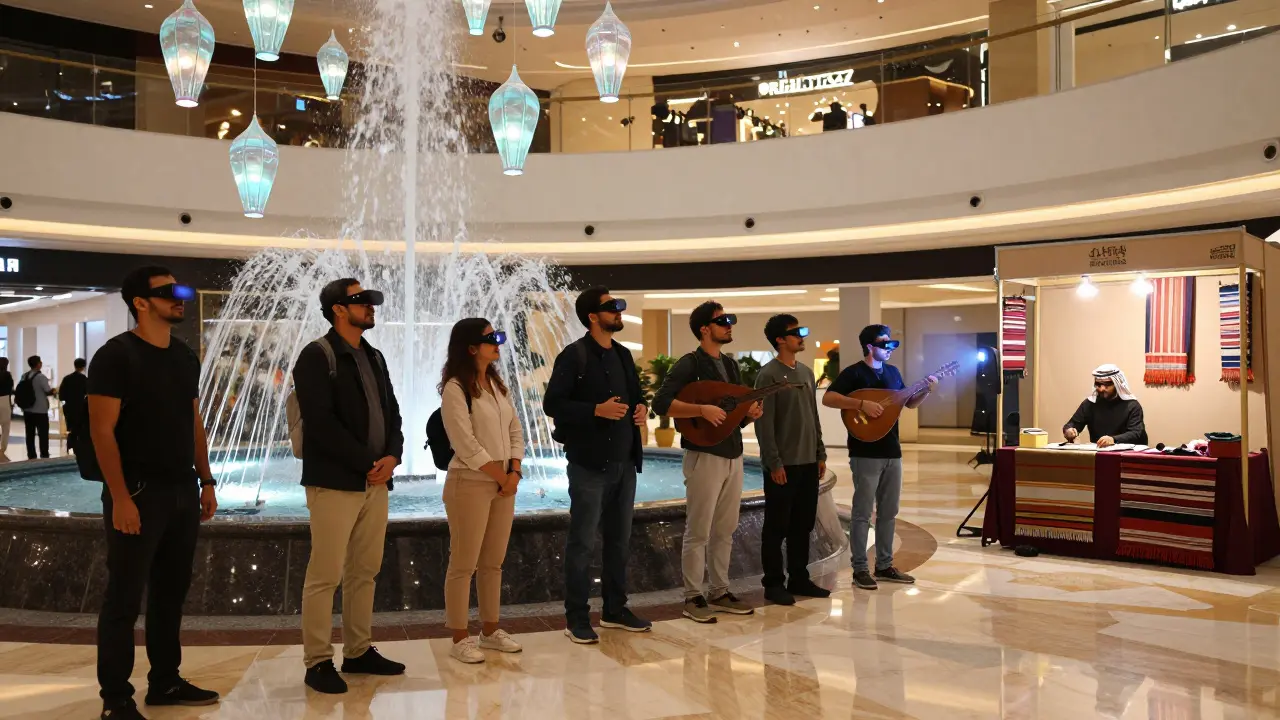 People in Dubai Mall using AR glasses to experience floating digital lanterns and virtual performances.
