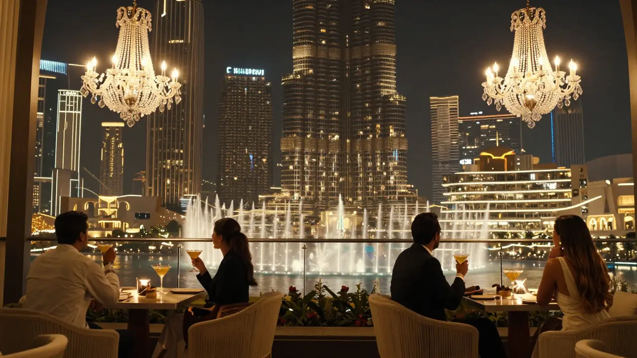 People on a luxury rooftop overlooking Dubai Fountain, with Burj Khalifa glowing in the background.
