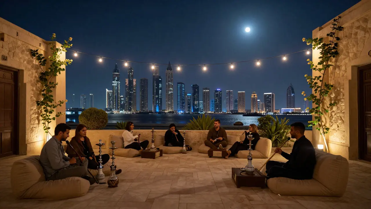 People relaxing on a terrace with shisha and a view of Dubai's skyline at night.