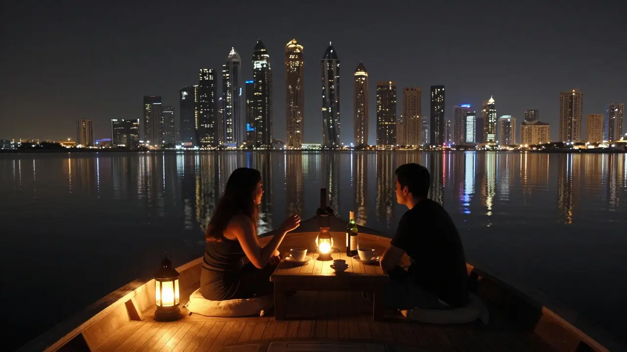 Private dhow boat at night with two silhouettes dining under lantern light, Dubai skyline reflected in water.