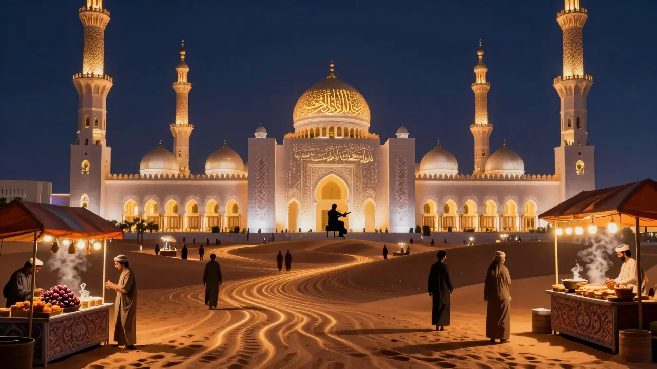 Projections of Emirati poetry on Al Noor Mosque during the Sharjah Light Festival, with visitors walking through glowing digital sand dunes.