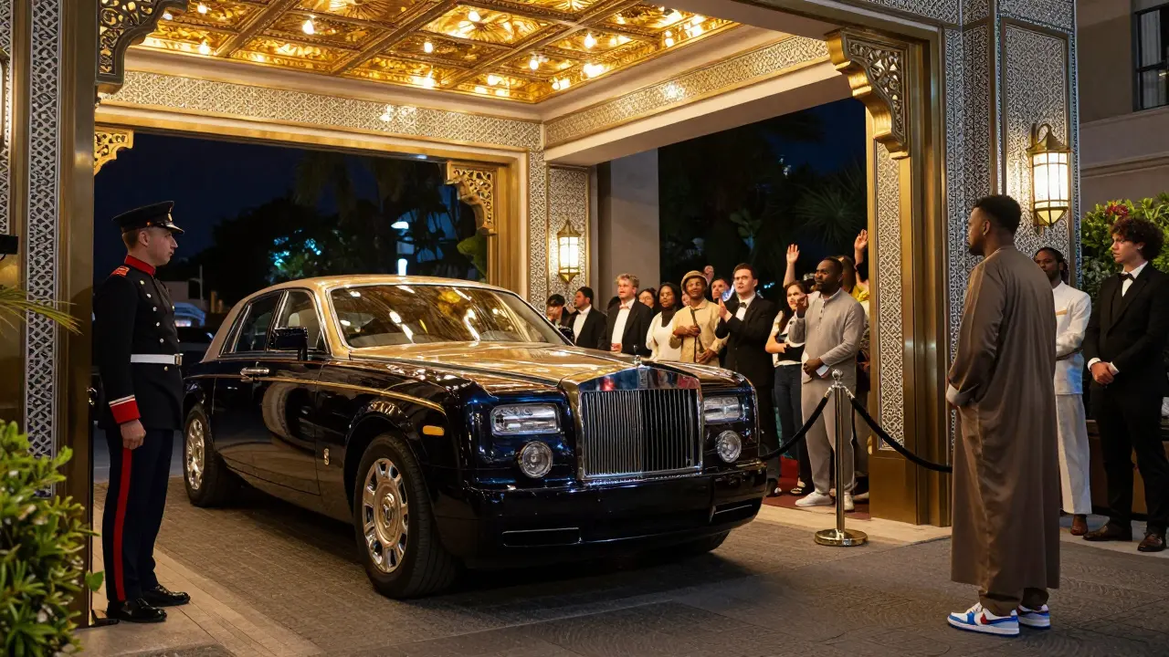 Rolls-Royce at Cavalli Club valet as bouncer assesses guest, golden facade glowing at 1 a.m. with vibrant crowd behind.