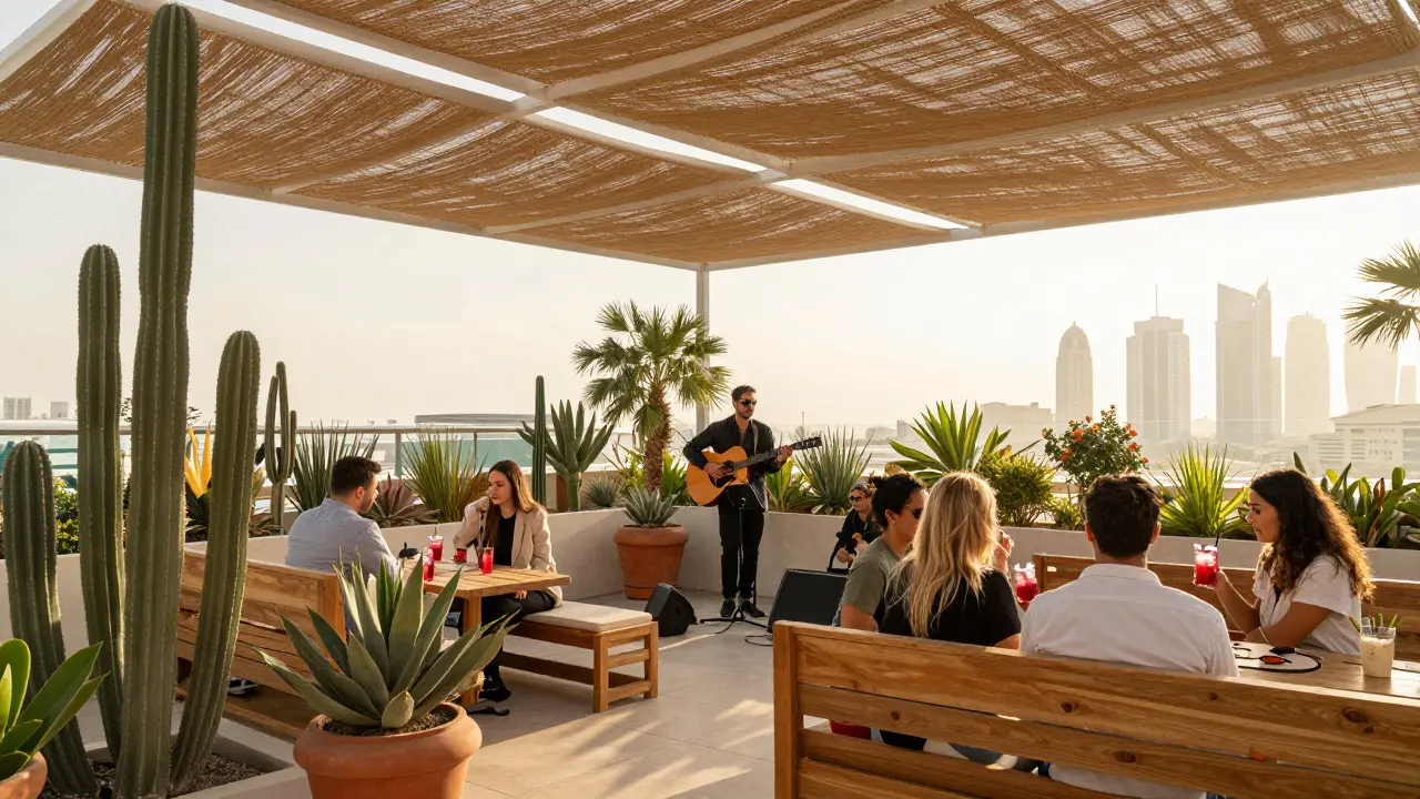 Serene rooftop garden by day at BASE Dubai, with people enjoying coffee and acoustic music under soft sunlight.