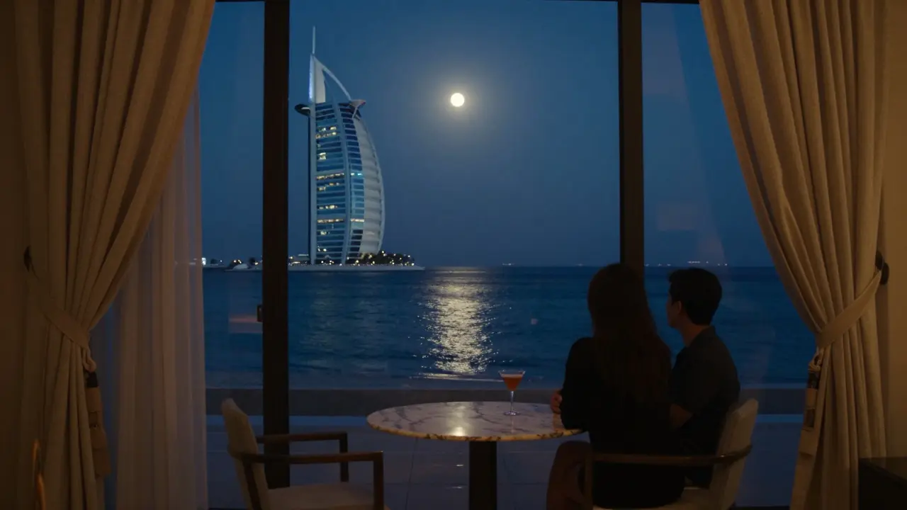 Silhouettes of a couple sharing a quiet moment by a window in a Palm Jumeirah villa at midnight.