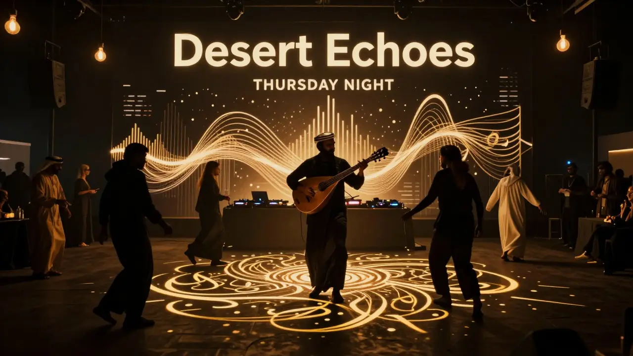 Soundwaves blending traditional Oud melodies with techno beats in a dreamlike visual fusion inside BASE Dubai.