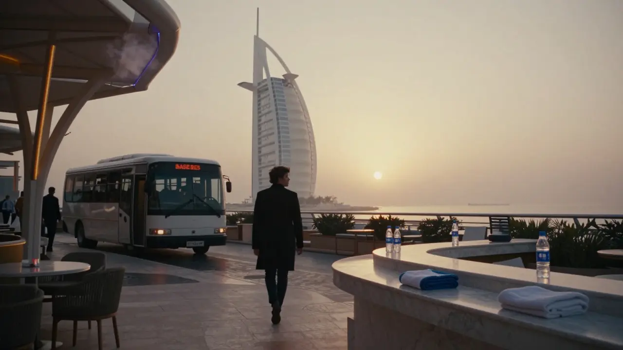 Sunrise at BASE Dubai, empty terrace with fading lights and lone figure walking away.