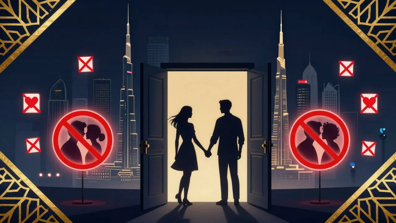 Symbolic illustration of Dubai’s legal boundaries around intimacy, with prohibition signs and silhouetted couples.