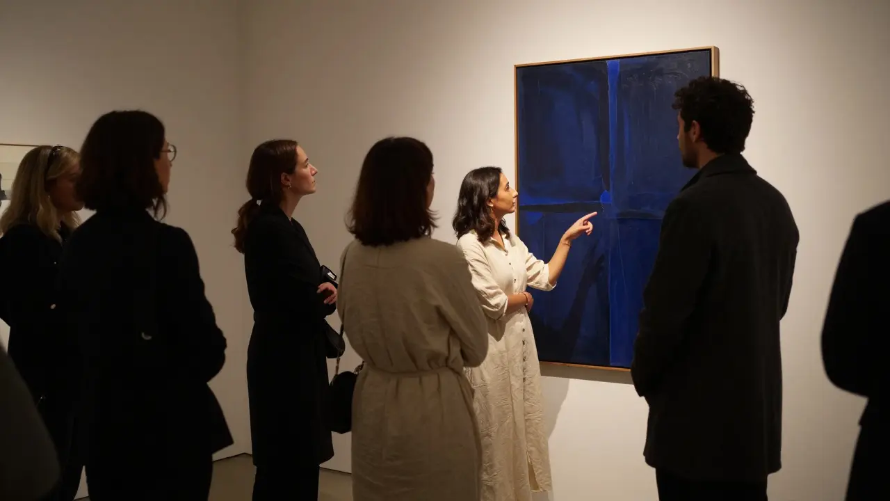 Two people engage in quiet conversation before an abstract art piece at a Dubai gallery.