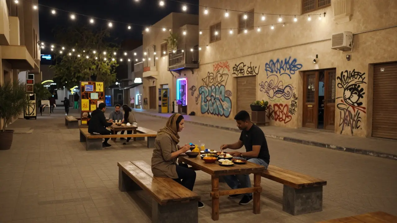 Two people sharing food under string lights in Al Serkal Avenue's quiet arts district at night.