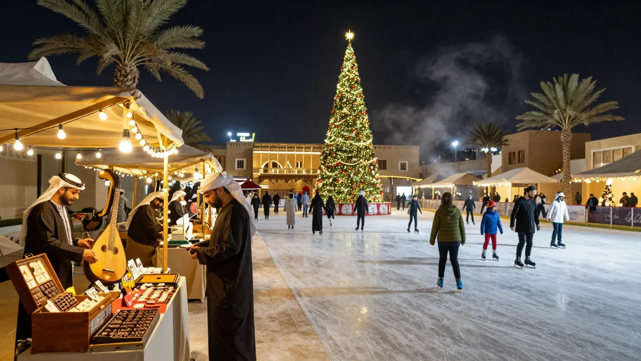 Winter Festival at Dubai Hills with heritage market, Christmas tree, and ice skating under fairy lights.
