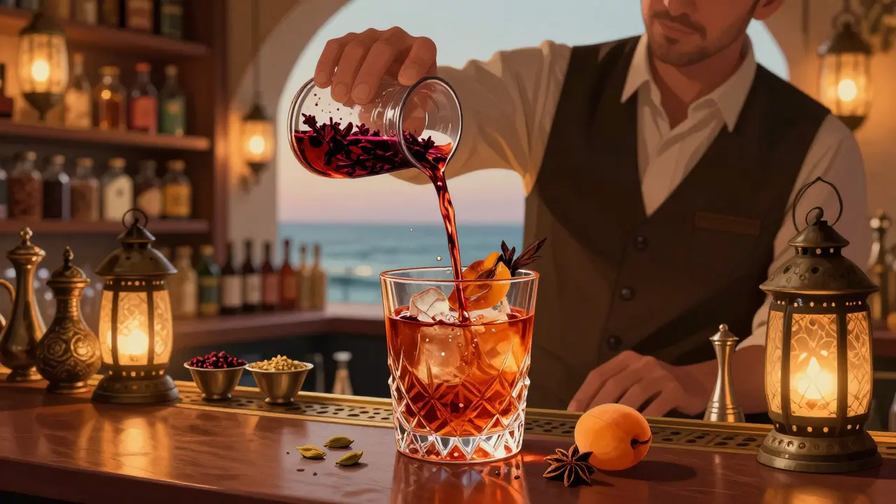 A bartender preparing a spiced cocktail in hand-blown Emirati glassware, surrounded by traditional herbs and lantern light.