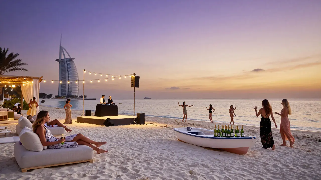 A beachside club at dusk with guests dancing near the water, a floating DJ stage, and luxury cabanas under starlit skies.