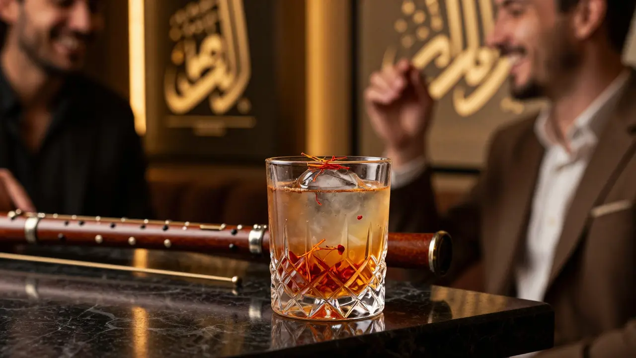A crafted cocktail with saffron and frankincense on a marble bar, beside glowing Arabic calligraphy and ambient lounge lighting.