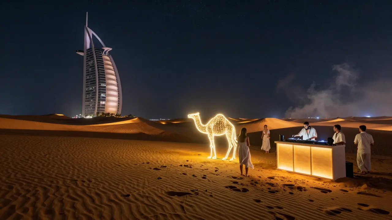A Desert Rave on a rooftop with glowing LED dunes and guests in white linen under a starry sky.