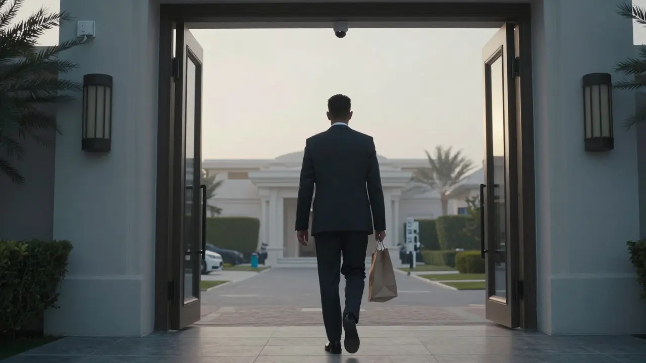 A person leaving a private villa at dawn, faceless, with a security camera visible in the background.