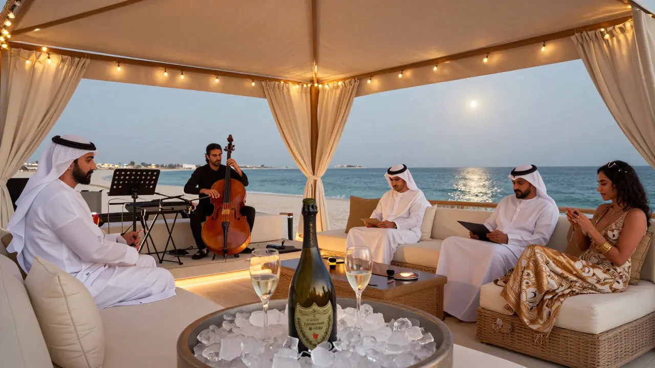 A private cabana at a Dubai VIP club with live jazz, chilled champagne, and an elite guest list under moonlit skies.