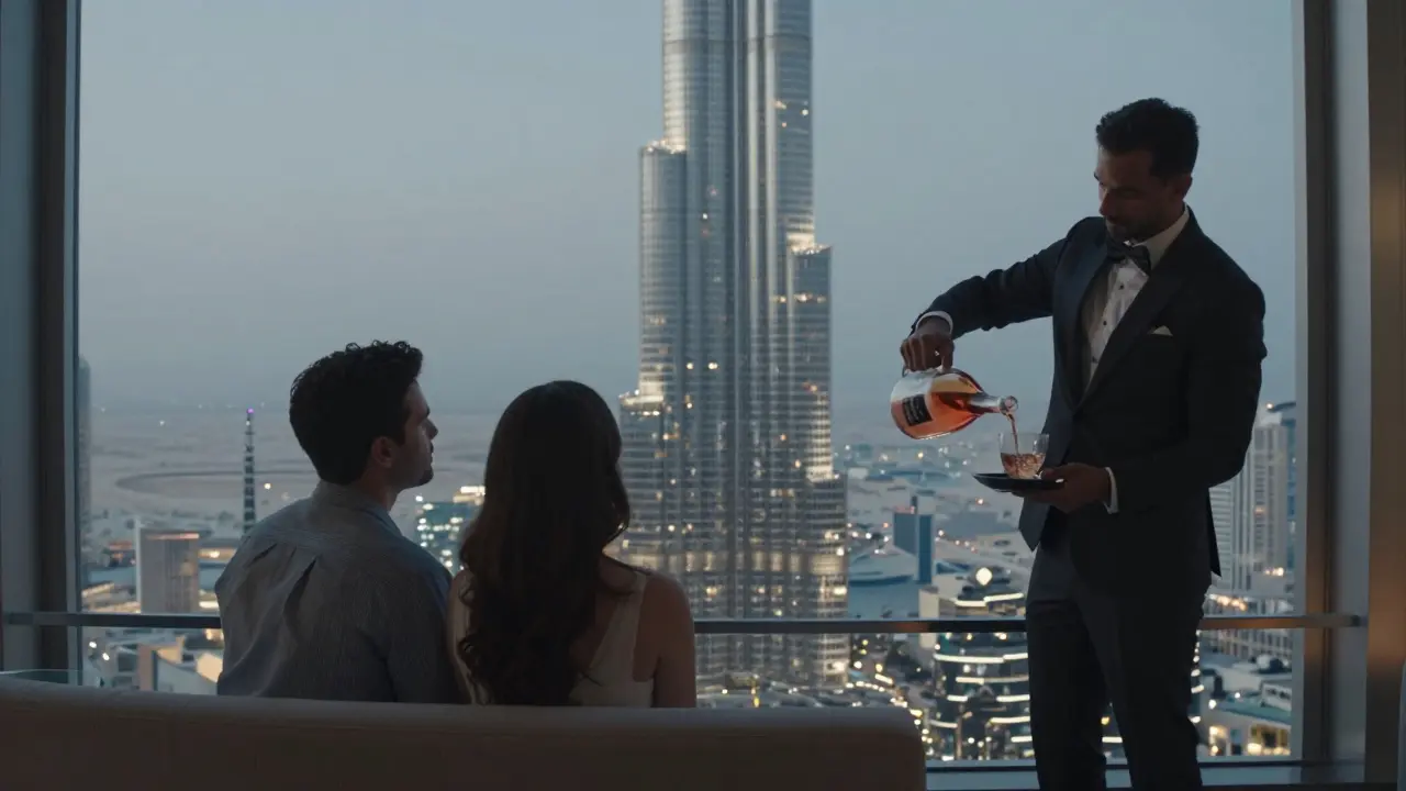 A quiet couple at the world's highest nightclub, gazing over Dubai's glittering skyline at night.