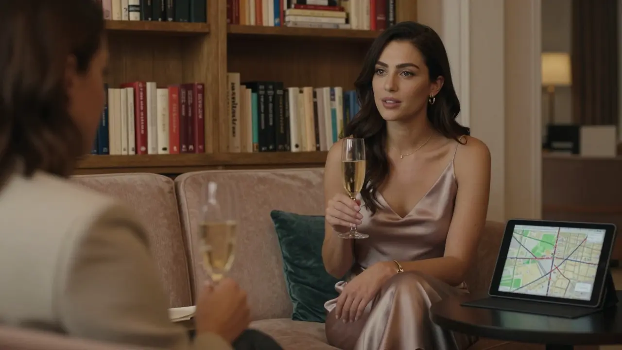 A refined companion and client share quiet conversation in a luxurious hotel lounge, exuding sophistication and discretion.