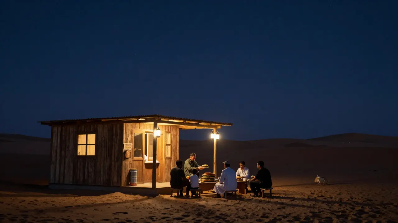 A rustic desert diner at night, lit by lanterns, serving food under a starry sky with dunes in the background.
