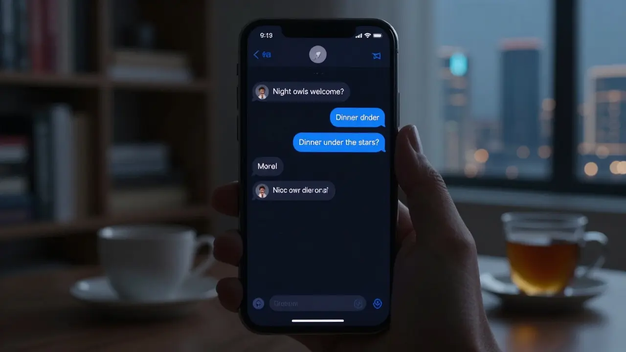A smartphone displaying subtle text messages on a Telegram chat in a dimly lit room with a view of Dubai’s city lights.