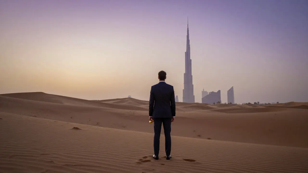 A solitary figure walks into the desert at dawn after leaving an exclusive club, holding a gold-wrapped date.