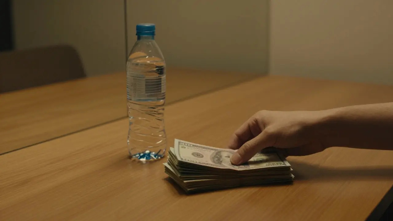 A stack of cash and a bottle of water on a table, reflected in a mirror with an empty chair.