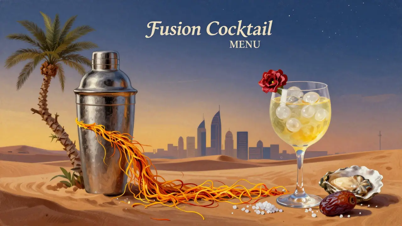 A symbolic cocktail menu blending desert plants, spices, and sea elements in a vibrant, dreamlike composition.