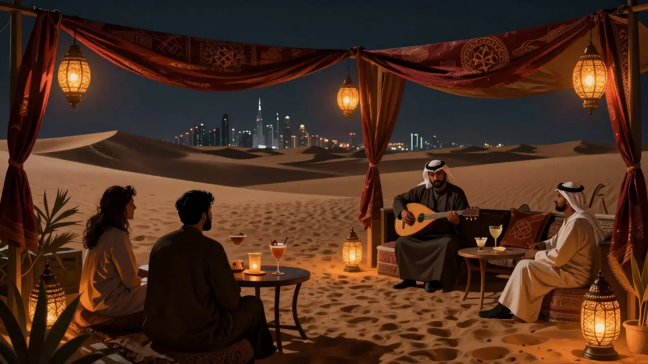 A themed Desert Noir night at Skyview Bar with Bedouin lanterns and oud music against Dubai’s skyline.