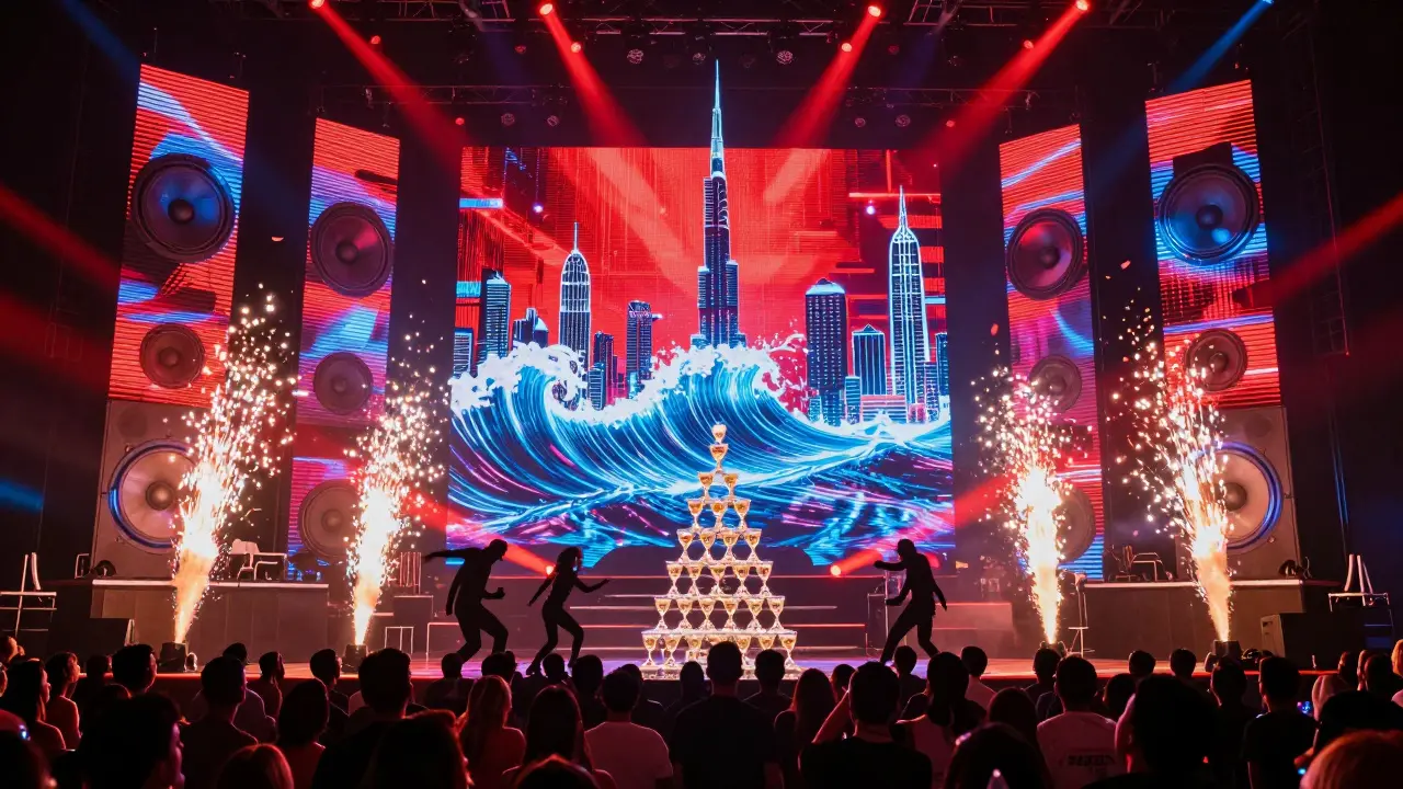 A vibrant nightclub dance floor with confetti, strobe lights, and glowing bass waves.