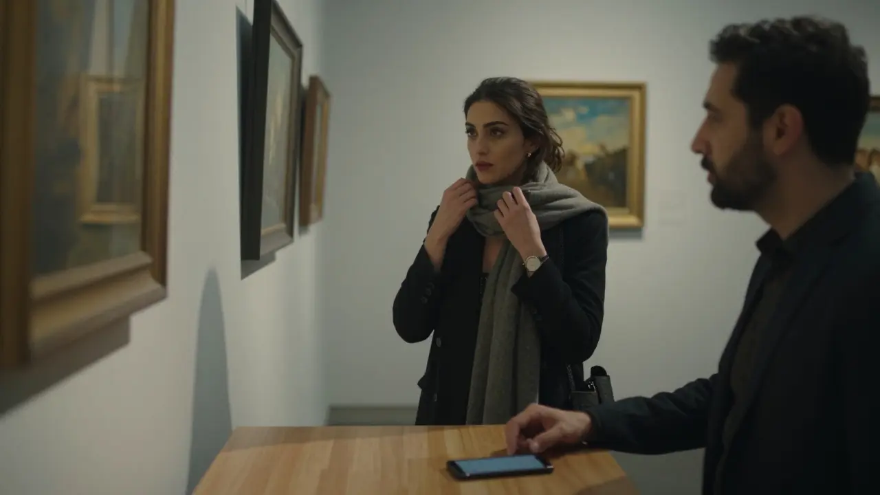 A woman adjusting her scarf in an art gallery while a man watches her reflection.
