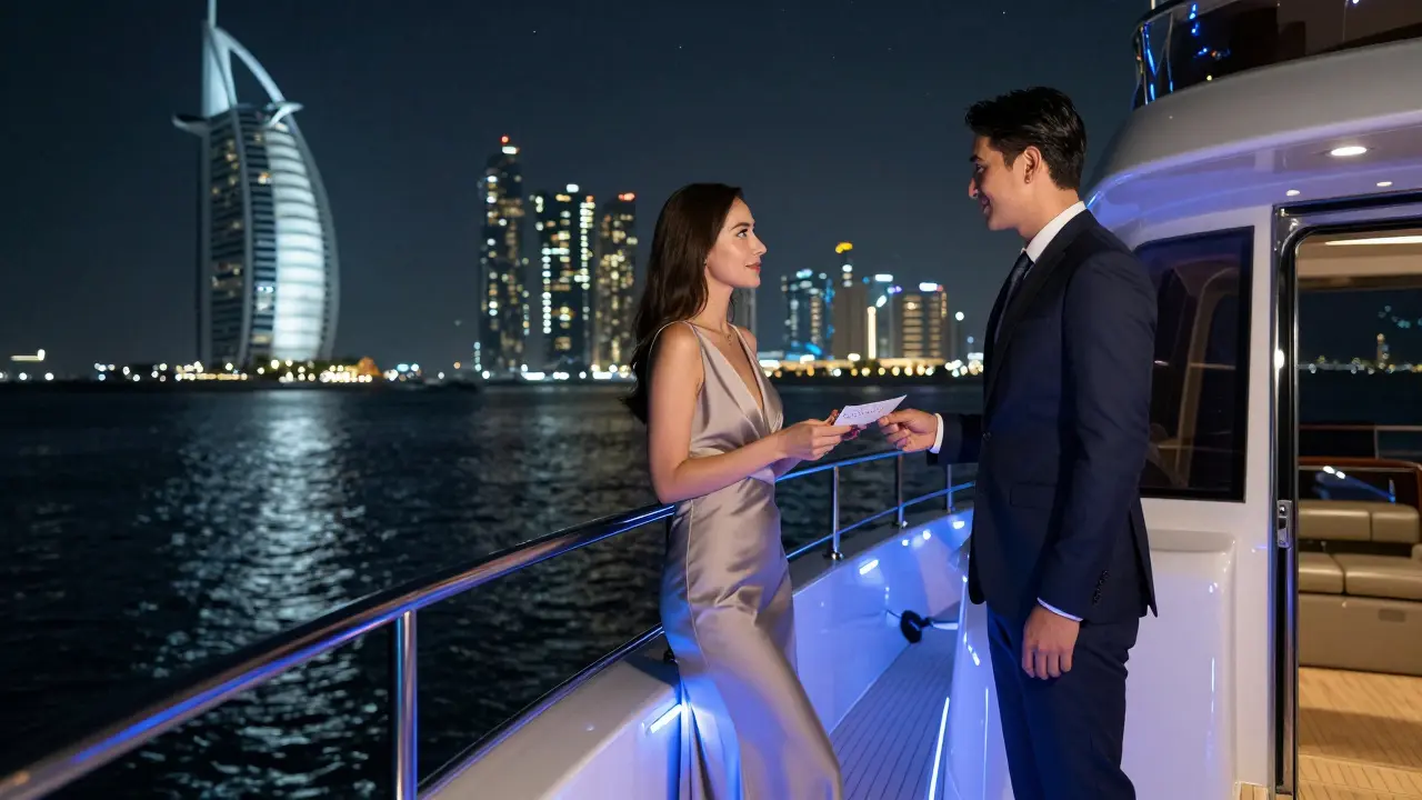 A woman on a private yacht at night handing a note to a man, Dubai skyline sparkling in the distance.