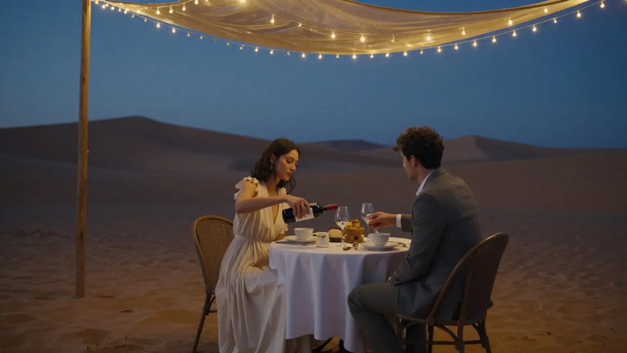 A woman pouring wine in a desert setting under fairy lights, sharing an intimate moment with a client as dunes fade into twilight.