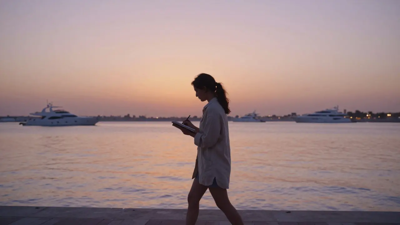 A woman walking alone along Dubai Marina at sunset, silhouetted against a colorful sky and calm water.