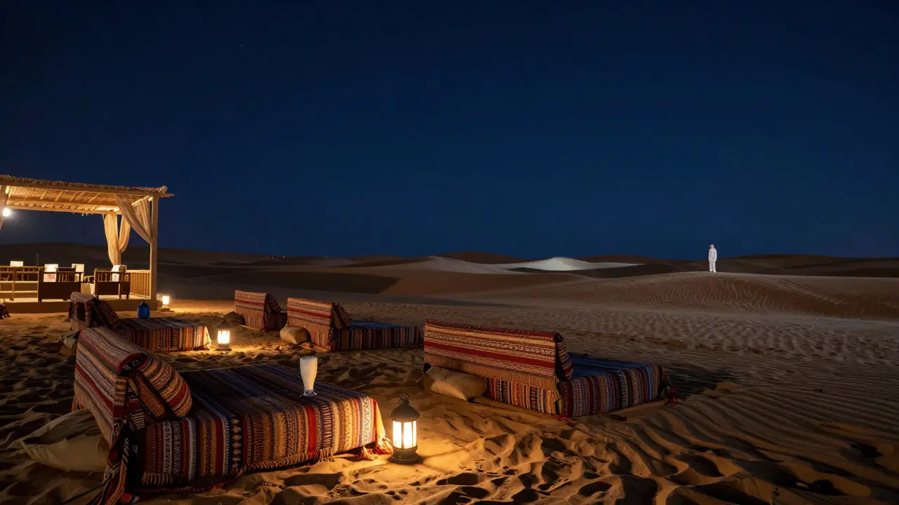 Al Qasr Beach Club at night with Bedouin lounges, starry sky, and a camel milk smoothie under a single lantern.