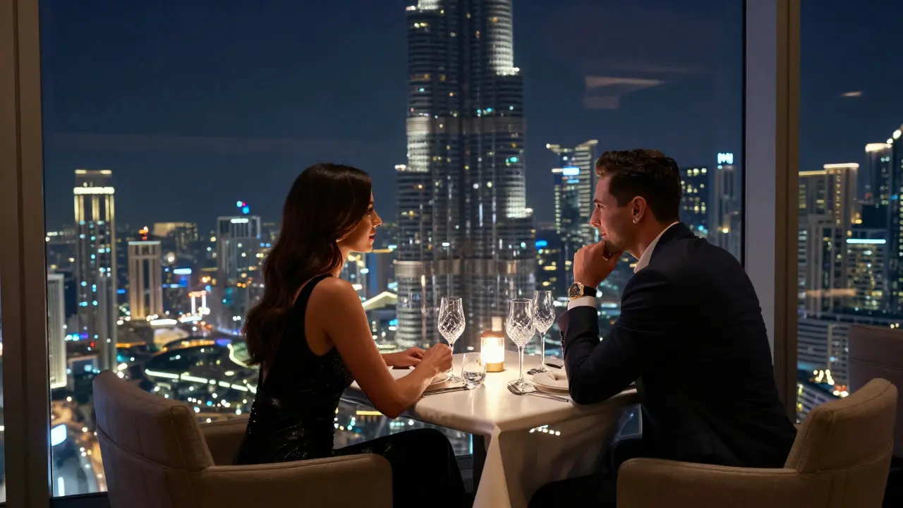 An intimate dinner at At.mosphere restaurant with panoramic Dubai skyline and refined table setting.