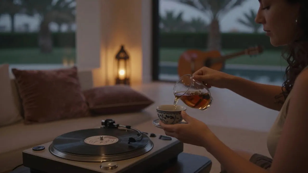 An intimate evening in a Dubai villa with soft lighting, tea, and music, evoking emotional calm.