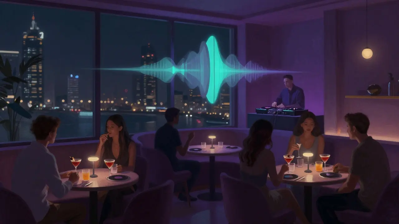 An intimate lounge with ambient lighting and patrons enjoying cocktails in a stylish setting.