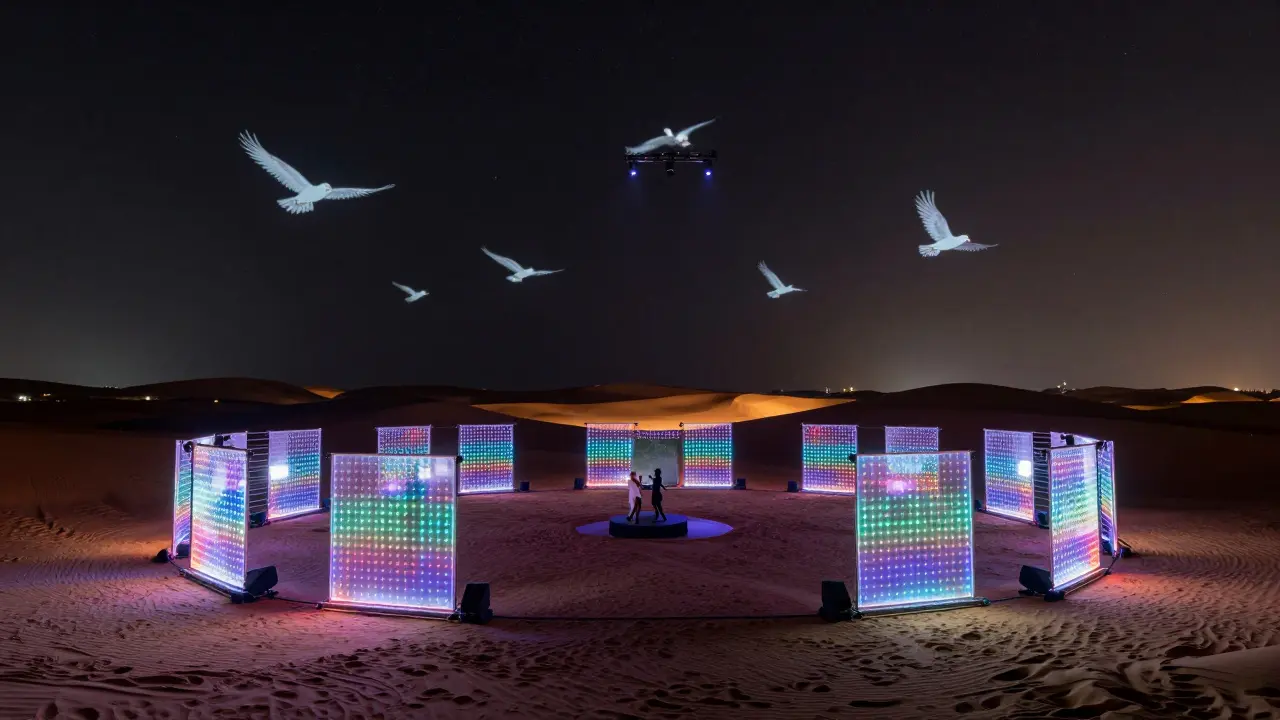 An open-air desert club with glowing LED floor and drone-projected falcons in the night sky above dancers.