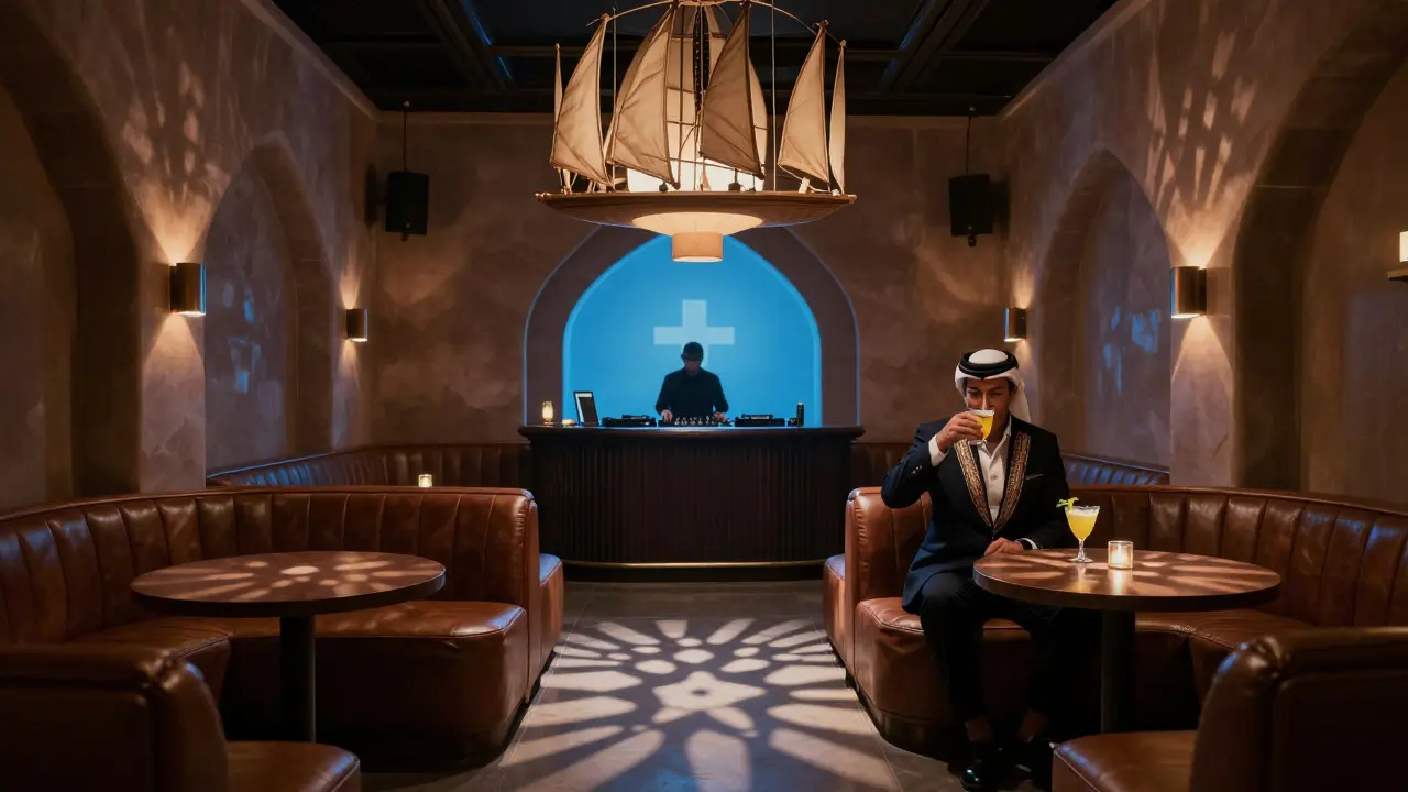 An opulent, silent nightclub interior with custom lighting, leather booths, and a guest sipping an artisanal cocktail.