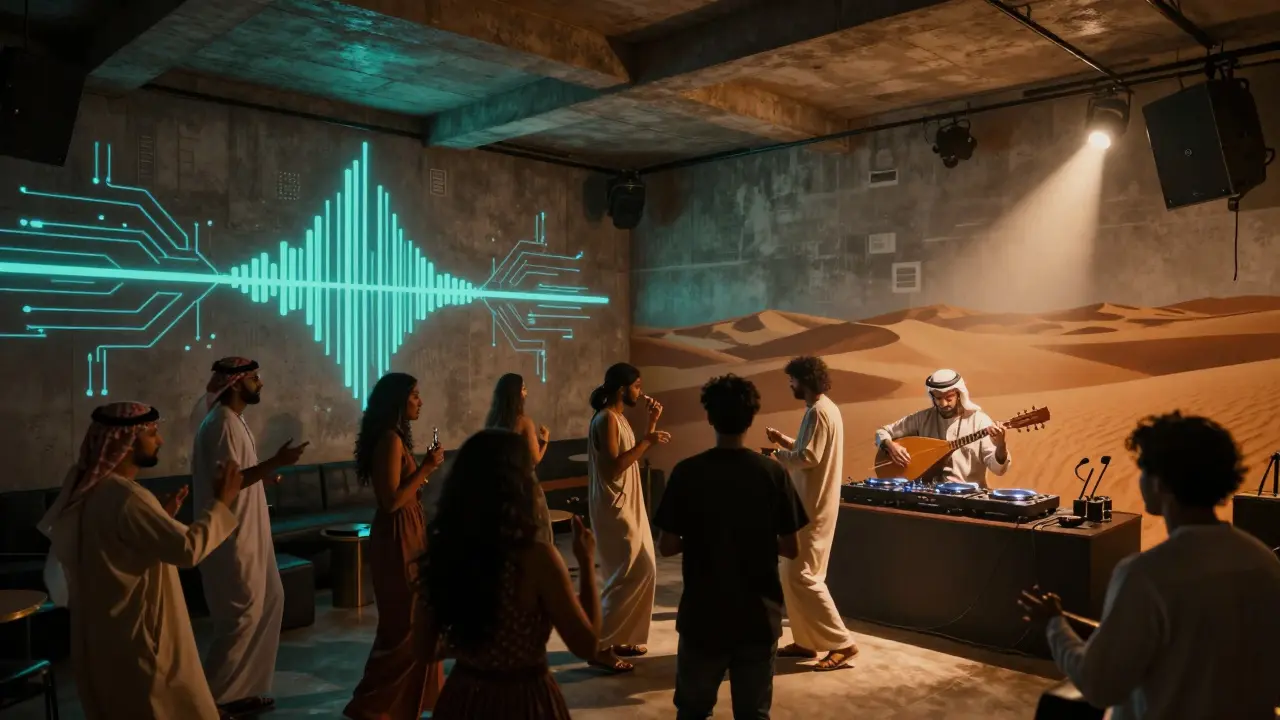 An underground club where traditional Arabic music blends with electronic beats, featuring a live oud player beside a turntable.