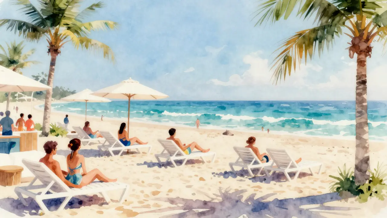 Beach club lounge chairs with turquoise ocean and palm trees in daytime.