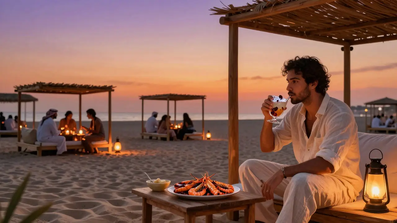 Beach House Dubai at sunset featuring cabanas, diverse guests enjoying cocktails and grilled prawns under ambient lighting.